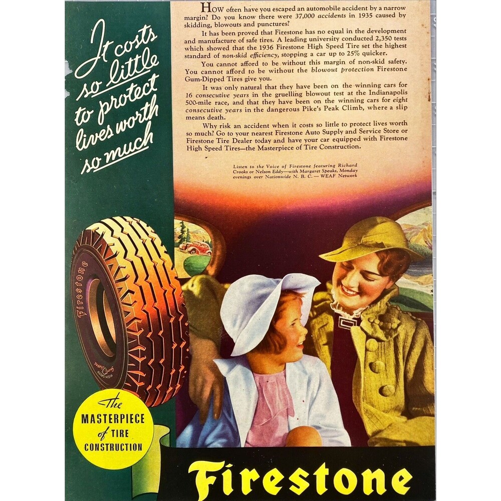 Firestone "The Masterpiece of Tire Construction" Nelson Eddy Vtg Print Ad 1936
